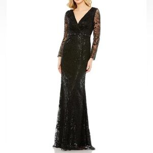 Mac Duggal Black Embellished Wrap Over Long Sleeve Evening Gown - Reemoly